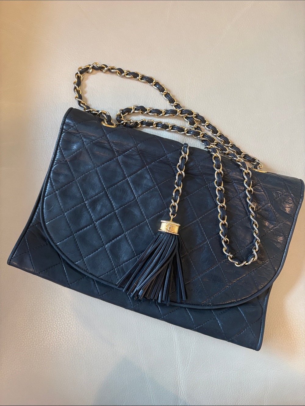 CHANEL Vintage Navy Blue Leather Shoulder Bag with Gold Chain and Tassel w COA